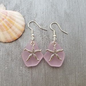 Twin Starfish + Pink Sea Glass Earrings Women Jewelry Gift